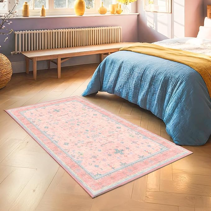 Washable Pink Nursery Rug, 3x5 Area Rugs for Entryway, Kitchen, Bedroom - Boho Modern Floral Distressed Oushak Design, Soft Faux Wool Low Pile Non Slip Stain Resistance Carpet