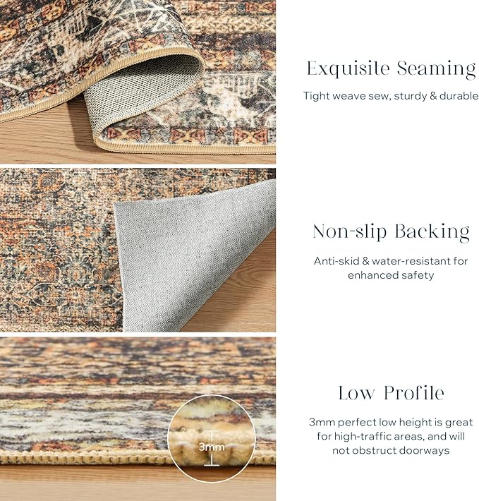 Phantoscope Vintage Collection Area Rug 5'x7' for Living Room - Washable Rug Large Boho Carpet Non-Slip for Bedroom Dining Room, Indoor Low-Pile Neutral Distressed Accent Rug, Dark Brown/Orange Spice