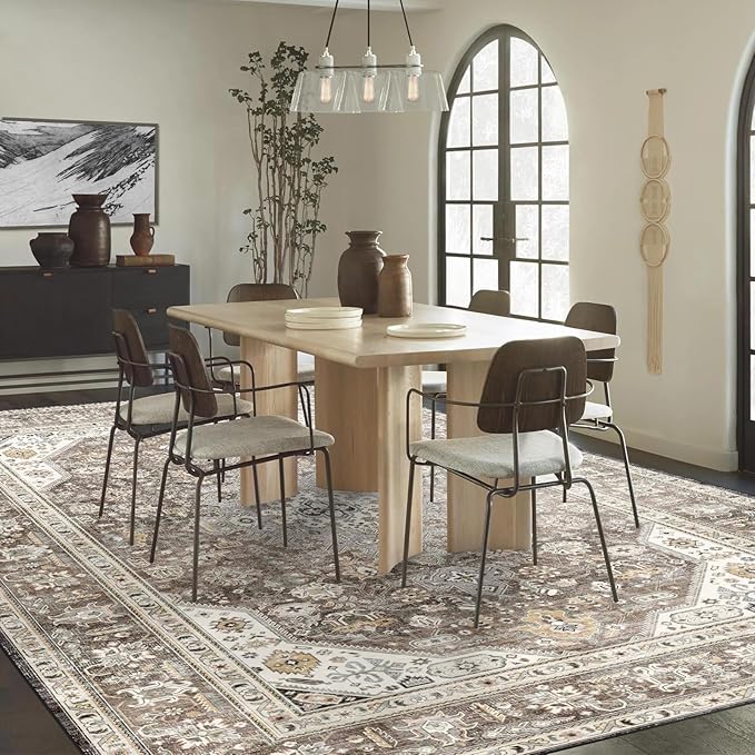 Washable Area Rug - 8x10 Bedroom Living Room Large Indoor Rugs Soft Oriental Vintage Rugs Non-Slip Backing Stain Resistant for Farmhouse Kitchen (8x10 Brown)