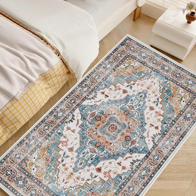 Washable Area Rugs, 3x5 Soft Non-Slip Soft Bedroom Living Room Accent Throw Boho Vintage Entry Floor Carpet for Dining Room Bathroom Entryway (Blue & Brown)