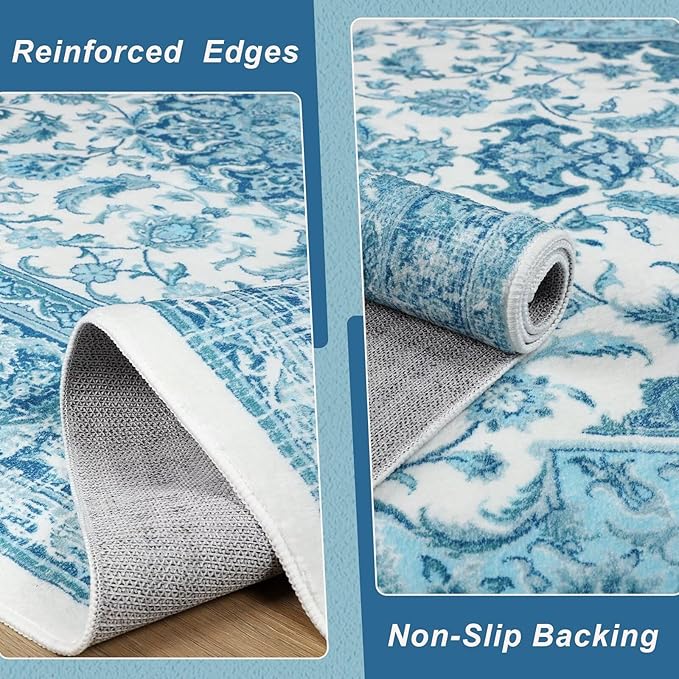 2x3 Small Area Rug for Entryway, Soft Washable Rugs with Non-Slip Backing for Bedroom Kitchen, Vintage Throw Carpet Laundry Entry Door Decor, Blue & White