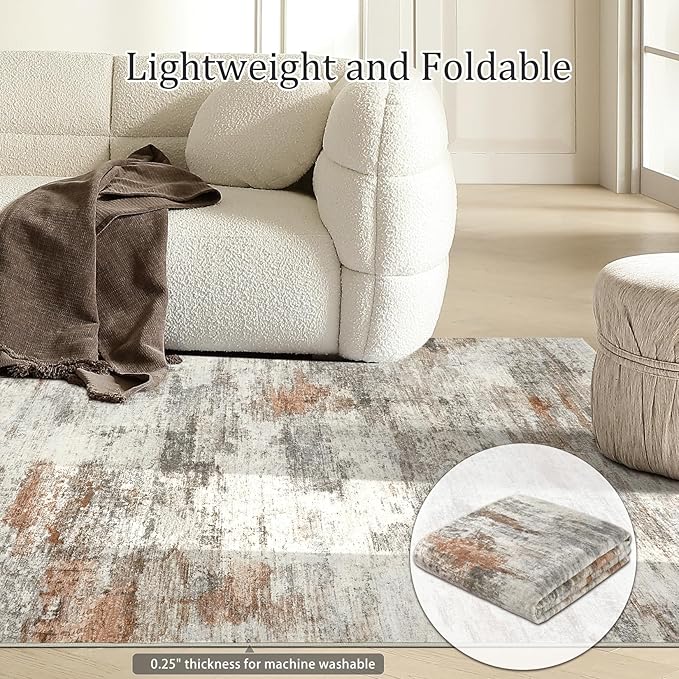 Area Rugs for Living Room: 6x9 Washable Neutral Modern Rug for Bedroom Large Soft Abstract Dining Room Rugs Indoor Floor Low Pile Carpet for Home Office Nursery - Rust Grey