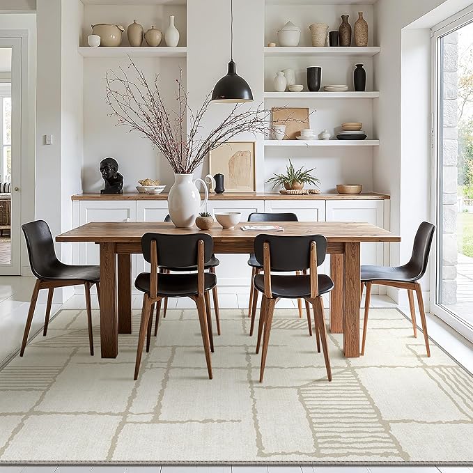 Bavni 5x7 Rug, Abstract Machine Washable Rug Non-Slip, Soft Modern Lightweight Area Rug, Stain Resistant Rugs for Living Room, Bedroom, Dining Room, Abstract Cream