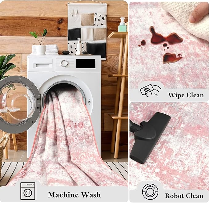 Washable Abstract Rug, 2x3 Small Modern Area Rugs with Non-Slip Rubber Backed for Kitchen, Thin but Soft Throw Carpet Bedroom Entryway Front Door Decor, Pink