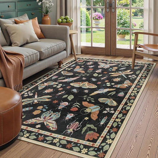 Beeiva Insect Print Rug 5x7, Washable Rugs for Living Room, Boho Non Slip Low Pile Ultra Thin Foldable Large Carpet for Office, Bedroom, Kids Room, Playroom - Black