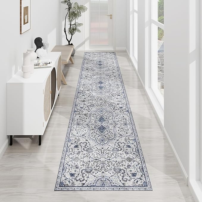 SALLOUS Runner Rug for Hallway, 3x20ft Vinyl Floor Mat for Home, Area Rug for Living Room Bedroom, Waterproof Kitchen Mat, Runner Rug for Bathroom, Entryway (Grayish Blue Bohemian-Style)