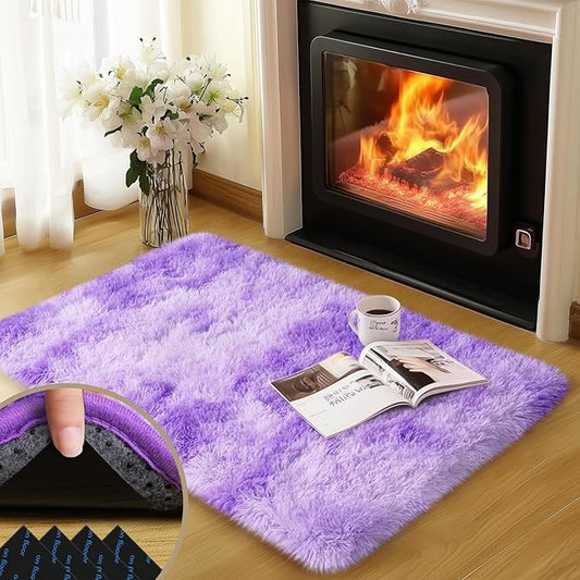 2x3 Rug for Bedroom, Fluffy Area Rugs for Living Room, Small Soft Shag Fuzzy Shaggy Carpets for Kids Boys and Girls Dorm with 4 Non-Slip Rug Tapes for Room Home Decor (2ftx3ft, Tie-Dyed Purple)