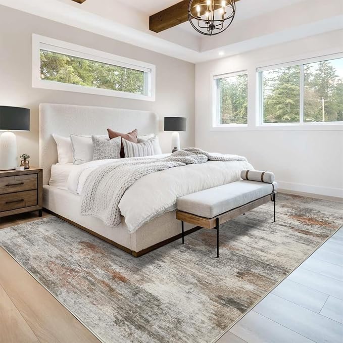 Area Rugs for Living Room: 6x9 Washable Neutral Modern Rug for Bedroom Large Soft Abstract Dining Room Rugs Indoor Floor Low Pile Carpet for Home Office Nursery - Rust Grey