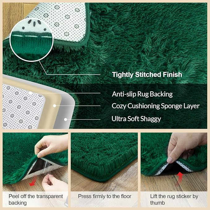 2x3 Rugs for Bedroom, Fluffy Dark Green Area Rugs for Living Room, Soft Shag Kids Rug Small Carpet with 4 Non-Slip Rug Pads (2ft x 3ft, Dark Green)