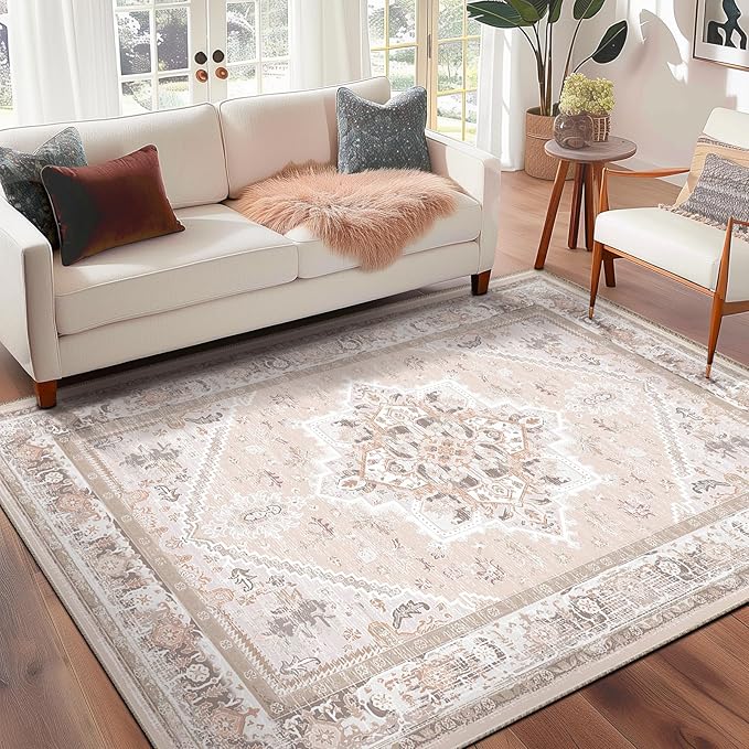 BESTSWEETIE 5x7 Area Rugs for Living Room Washable Non Slip Carpet Low Pile Soft Vintage Print Pattern Rug for Bedroom Dining Room Kitchen Entryway Indoor-Light Pink