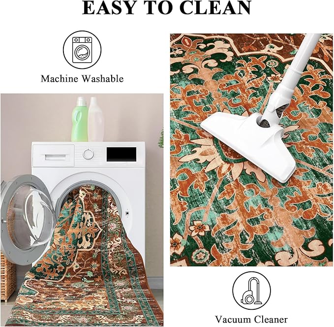 U'Artlines Boho Vintage Area Rug 9x12 ft Machine Washable Low Pile Soft Floor Carpet Non Slip Non Shedding Accent Rug for Living Room Bedroom Entryway Dining Room Office Rust＆Teal