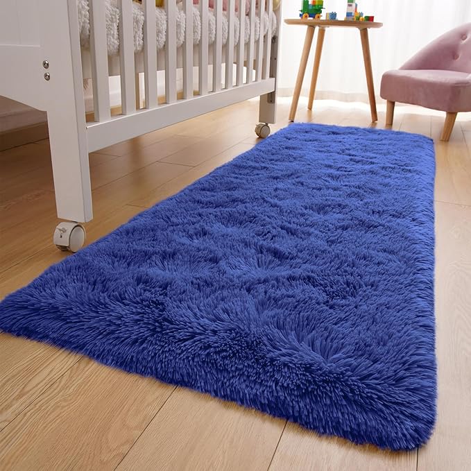 YJ.GWL Fluffy Runner Rugs for Bedroom Living Room Soft Shag Rug 2x6 Feet, Light Navy Plush Carpet Non Slip for Nursery Dorm, Fuzzy Bedside Rug for Kids Boys Room Home Decor