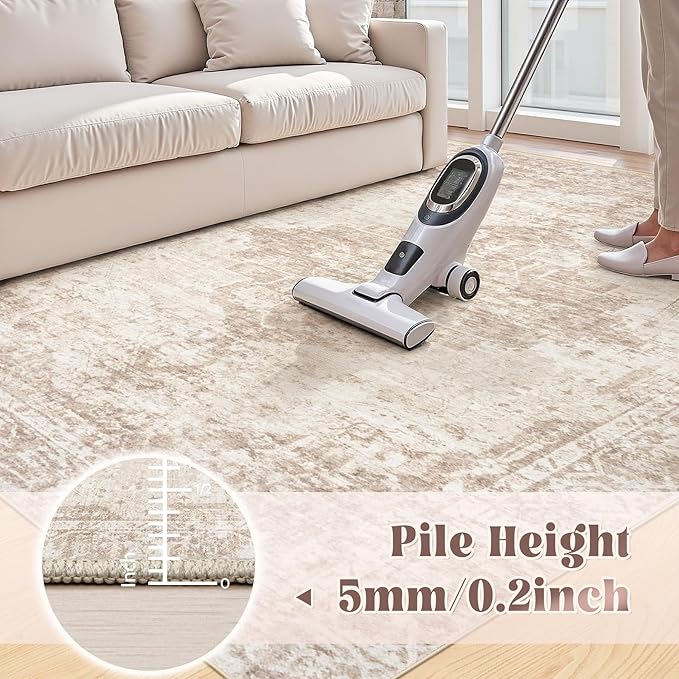 10x14 Area Rugs Washable Rug: Large Vintage Living Room Rug with Non-Slip Backing Low Pile Rugs Soft Indoor Floor Thin Carpet Neutral Carpets for Bedroom Dining Room Farmhouse Nursery Brown/Cream