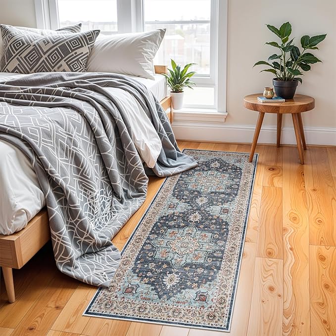 Washable Oriental Hallway Runner Rug - 2x6 Rugs for Living Room Soft Carpet for Bedroom Kitchen Waterproof Floral Distressed Indoor Stain Resistant Non-Shedding Floor Carpets (Blue/Teal/Orange, 2X6)