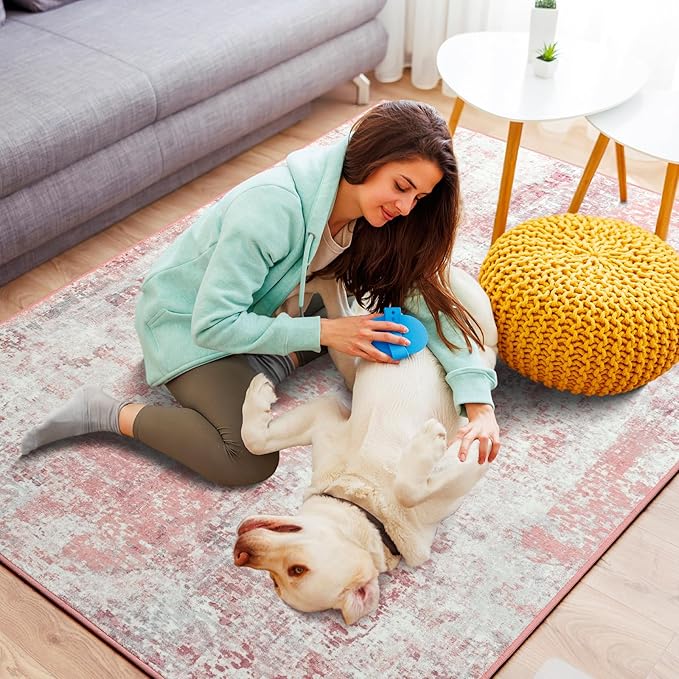 3x5 Pink Washable Area Rug for Living Room Bedroom, Modern Abstract Non-Slip Rugs, Low Pile Soft Stain Resistant Carpet for Dining Room, Kitchen, Office, Dorm, Bedside Decor