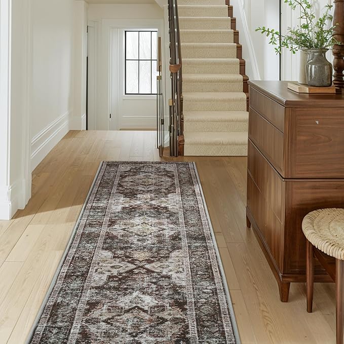 AMOAMI-2X10 Runner Rug-Washable Runners for Hallways-Soft Non Slip Bedside Rugs for Bedroom-Vintage Long Rug for Hallways Entryway Laundry Room Stair Kitchen Bathroom Brick/Brown