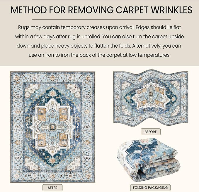 Washable 6x9 Area Rugs, Rugs for Living Room, Low-Pile Water&Stain Resistant Carpet Vintage Distressed Printed Non-Slip Carpet for Bedroom Bathroom Kitchen-Sky Blue