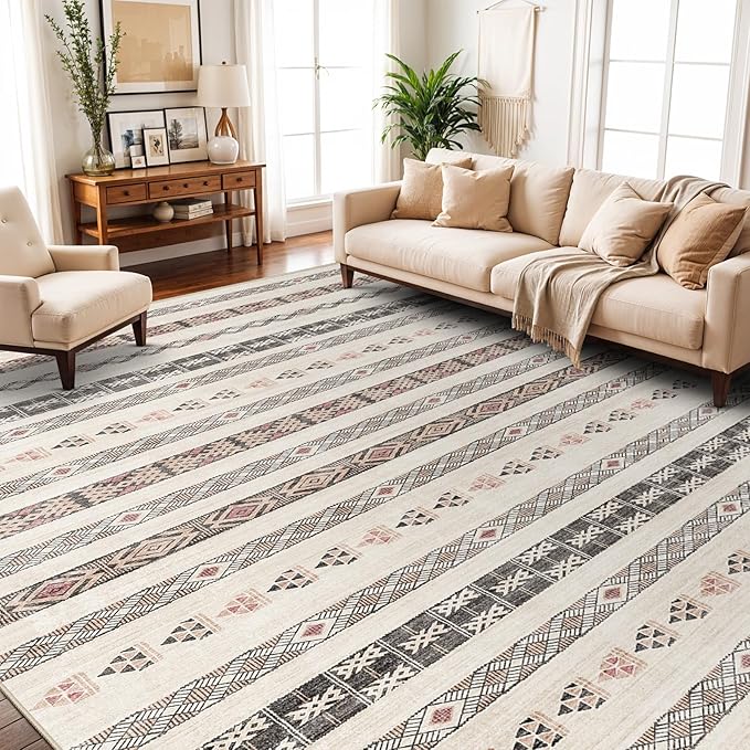 10x14 Washable Area Rug: Moroccan Large Neutral Boho Area Rug for Living Room & Bedroom Geometric Non-Slip Farmhouse Carpet for Living Room Beige Colourful 10'x14'.