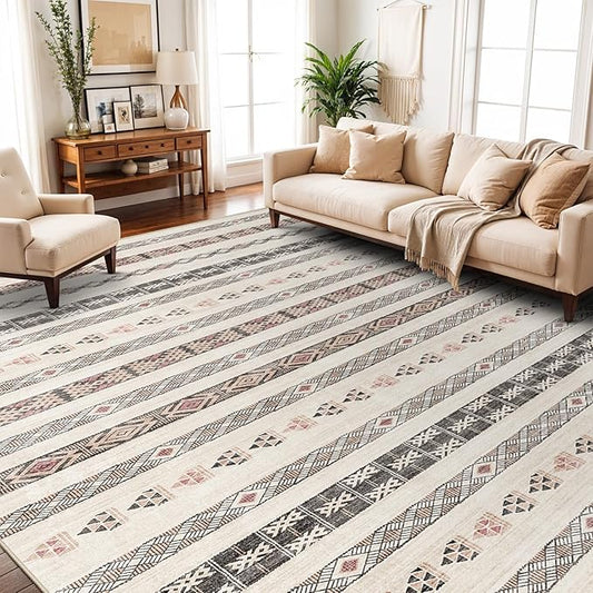 10x14 Washable Area Rug: Moroccan Large Neutral Boho Area Rug for Living Room & Bedroom Geometric Non-Slip Farmhouse Carpet for Living Room Beige Colourful 10'x14'.