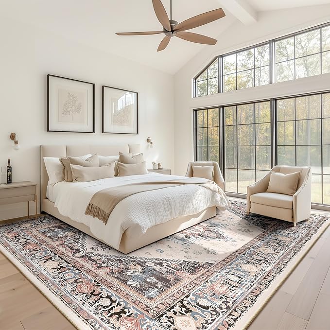 BESTSWEETIE 5x7 Area Rugs for Living Room Washable Non Slip Carpet Low Pile Soft Vintage Print Pattern Rug for Bedroom Dining Room Kitchen Entryway Indoor-Khaki/Beige/Purple/Black/Brick