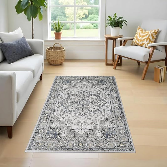 Washable Area Rug Vintage - Living Room Farmhouse Oriental Rug 3x5 Distressed Non-Slip Stain Resistant Carpet for Bedroom Dining Room Home Kitchen Office (3x5 Grey/Blue)
