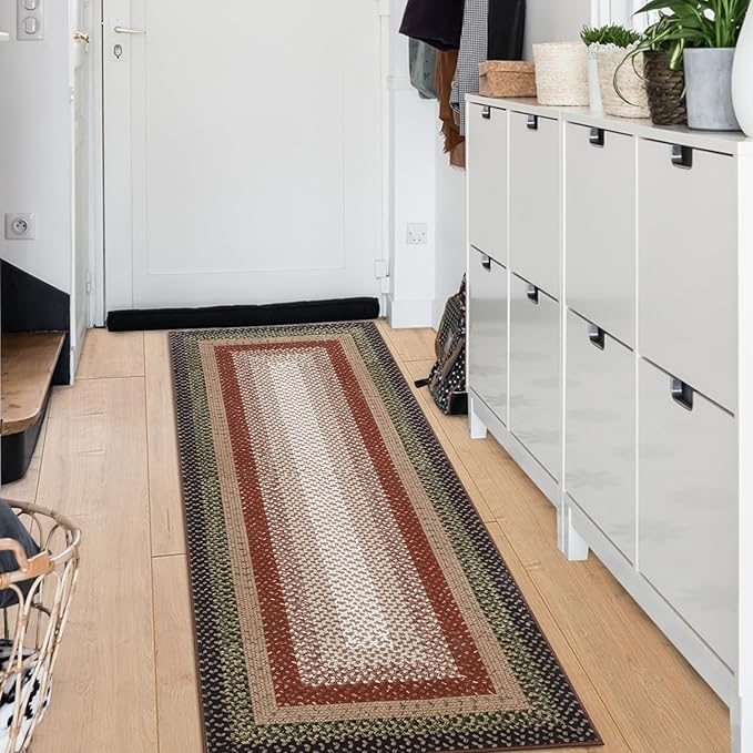 Imitation Braided Collection-Print Runner Rugs for Hallway 2x8 Rug Runner Kitchen Rug Non Slip Washable Modern Soft Hallway Runner Contemporary Low Pile Rugs for Living Room Bedroom Nursery