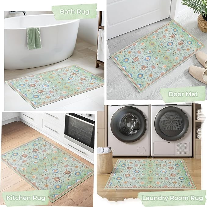 Syalife 2x3 Area Rugs, Non Slip Washable Small Rugs for Entryway, Kitchen, Bathroom, Kids Room, Low Pile Entry Throw Rug Indoor Front Door Mat (Green Floral, 2'x3')