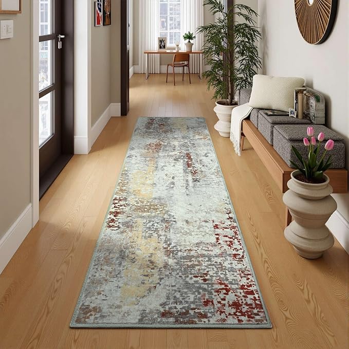 Washable Runner Rug for Bedroom, Abstract Non-Slip Soft Entryway Rugs, Tan Modern Low Pile Stain Resistant 2x6 Carpet for Entryway, Kitchen, Hallway, Bedside