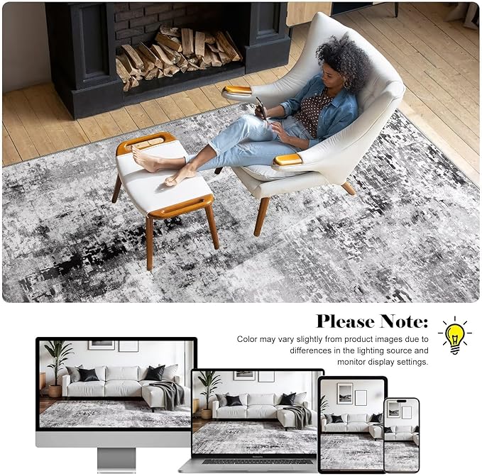 Washable Abstract Runner Rug, 2x6 Modern Area Rugs with Non-Slip Rubber Backed for Kitchen, Thin but Soft Contemporary Carpet Bedroom Entryway Hallway Decor, Dark Grey