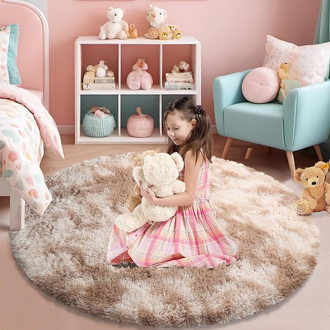 Tie-dye Beige Fluffy Round Rug,Soft Area Rugs for Girls Room,Shaggy Rugs 4'X4' for Living Room,Non Slip Circle Rug for Kids Bedroom,Shag Plush Nursery Carpets,Fuzzy Rug for Dorm,Room Decor Carpet