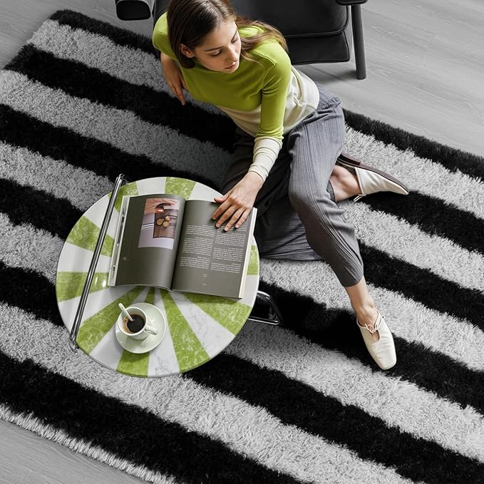 Zentavio Area Rugs for Living Room Large Rugs for Bedroom 5x8 Carpet Fluffy Fuzzy Soft Shag Aesthetic Plush High Pile Gray Throw Rug for Nursery Kids Room Dorm Horizontal Stripes Black Grey