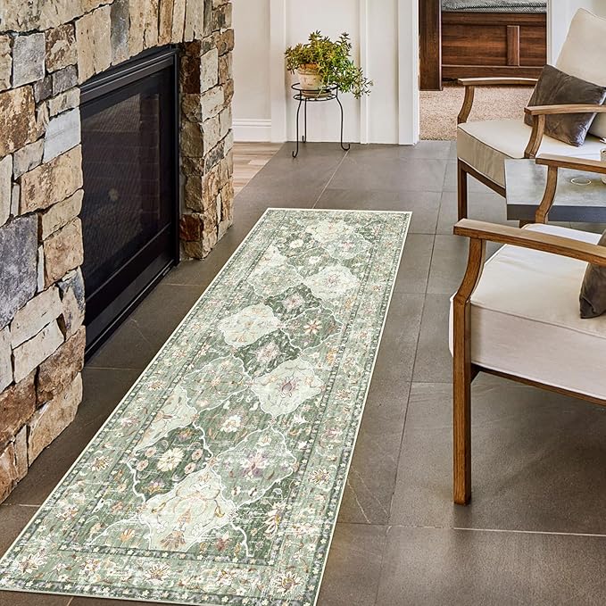 Boho Vintage Area Rugs 2×6 Washable Non-Slip Traditional Green Runner Rug for Hallway Kitchen Entryway