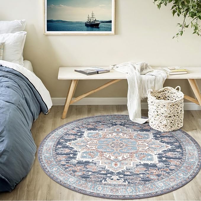 BESTSWEETIE 8ft Area Rugs for Living Room Washable Non Slip Carpet Low Pile Soft Vintage Print Pattern Rug for Bedroom Dining Room Kitchen Entryway Indoor-Navy Blue/Light Blue/Natural/Brick