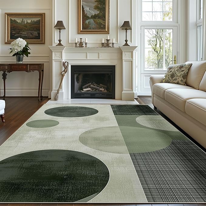 3x5 Area Rugs for Living Room Machine Washable Green Boho Rug Non Slip Printed Circle Geometric Rug Carpet Friendly Modern Rug for Bathroom Bedroom Dining Room Office