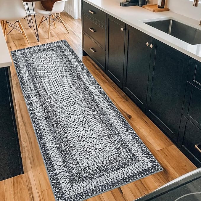 Printed Washable Runner Rug 2x10 Runner Modern Non Slip Kitchen Rug Braided Pattern Low Pile Soft Bath Mat Stain Resistant Carpet for Entryway Bedroom Hallway Laundry 2'x10' Grey/Taupe