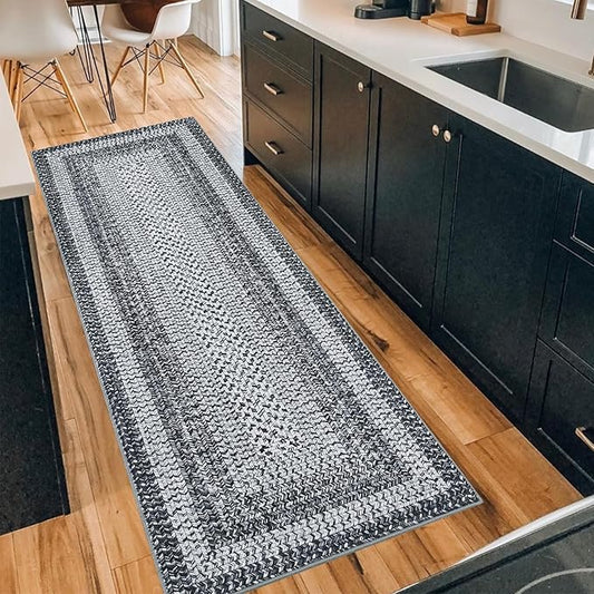 Printed Washable Runner Rug 2x10 Runner Modern Non Slip Kitchen Rug Braided Pattern Low Pile Soft Bath Mat Stain Resistant Carpet for Entryway Bedroom Hallway Laundry 2'x10' Grey/Taupe