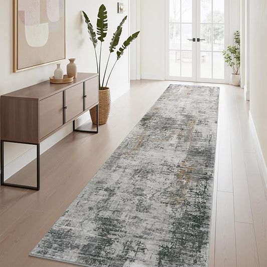 AMOAMI 2 x 10 Hallway Runner Rug Non Slip Super Soft Long Runner Rugs Machine Washable Low Pile Modern Abstract Runners for Hallways for Bedroom Laundry Room Kitchen, Grey