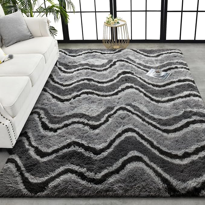 TWINNIS Super Soft Shaggy Rugs Fluffy Carpets, 5x8 Feet, Indoor Modern Plush Area Rugs for Living Room Bedroom Kids Room Nursery Home Decor, Upgrade Anti-Skid Rectangular Fuzzy Rug, Dark Grey Black