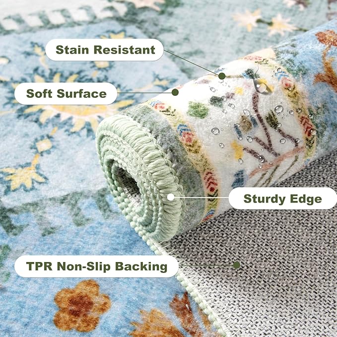 2x3 Small Washable Area Rug for Entryway, Green Boho Non-Slip Indoor Kitchen Rugs, Moroccan Floral Trellis Carpet Soft Low Pile Vintage Throw Mat for Bedroom Bathroom Front Door