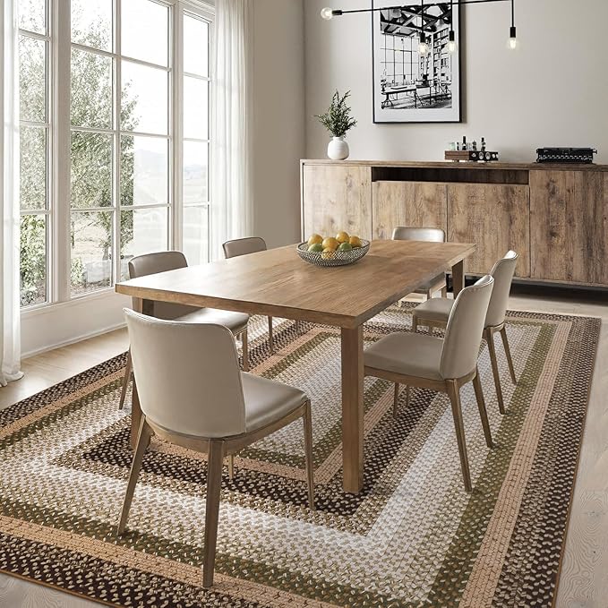 Imitation Braided Collection-Print Large Living Room Rugs 10x13 Washable Area Rug with Non-Slip Backing, Contemporary Bordered Accent Carpet, Farmhouse Low Pile Indoor Mat for Bedroom