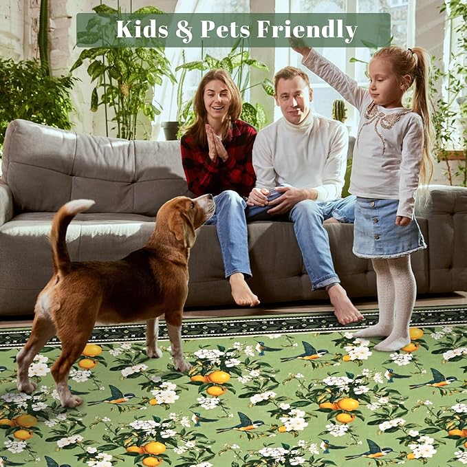ASPMIZ Green Floral Area Rug 5x7 Rug for Living Room Vintage Washable Rugs for Bedroom Non Slip Soft Low Pile Lemon Throw Rugs for Dining Room Nursery Kitchen Entryway Laundry Office (Sage Green)