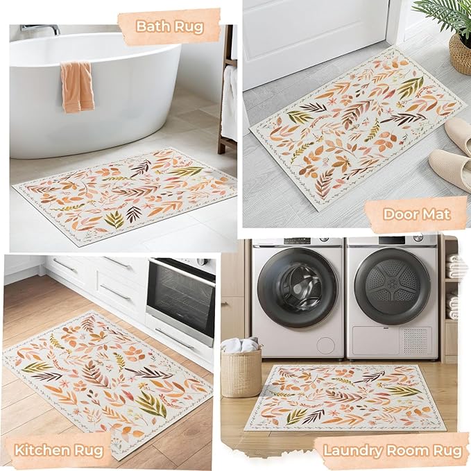 Syalife 2x3 Area Rugs, Non Slip Washable Small Rugs for Entryway, Kitchen, Bathroom, Kids Room, Low Pile Entry Throw Rug Indoor Front Door Mat (Orange Leafy, 2'x3')