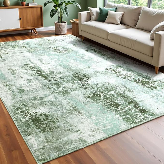 Washable Abstract Rug, 6x9 Modern Area Rugs with Non-Slip Rubber Backed for Living Room, Thin but Soft Contemporary Carpet Kitchen Bedroom Dining Room Decor, Green