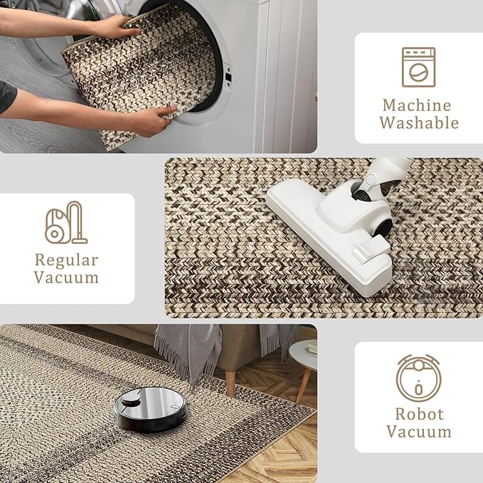 Imitation Braided Collection-Print Large Washable Rug 9x12 Non-Slip Rugs for Living Room, Natural Bordered Carpet, Stain Resistant Thin Foldable Floor Cover Bedroom for Nursery Dining Room