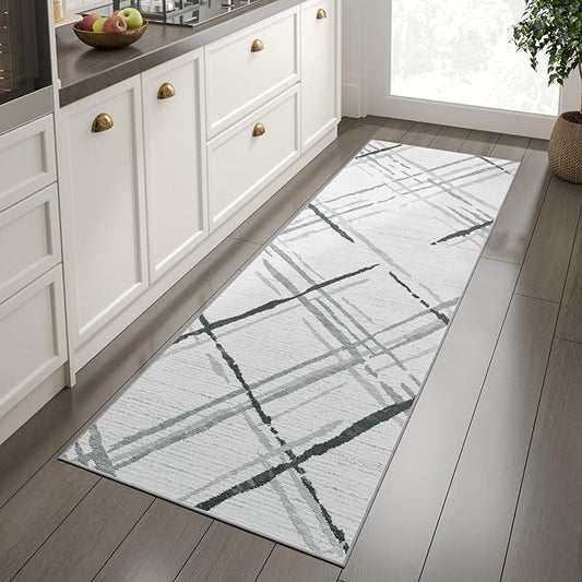 jinchan 2x10 Kitchen Runner Rug, Washable Abstract Geometric Grid Runner, Non-Slip Thin Accent Carpet for Hallway, Bedroom, Bathroom, Laundry Room, Living Room, Black Lines