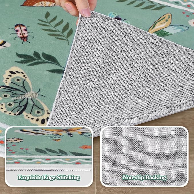 ASPMIZ Insect Area Rug 3X5, Green Bedroom Rug Non Slip, Spring Summer Washable Rug Farmhouse Butterfly Living Room Rugs Low Pile, Soft Faux Wool Throw Carpet for Entryway, Office, Nursery, Green