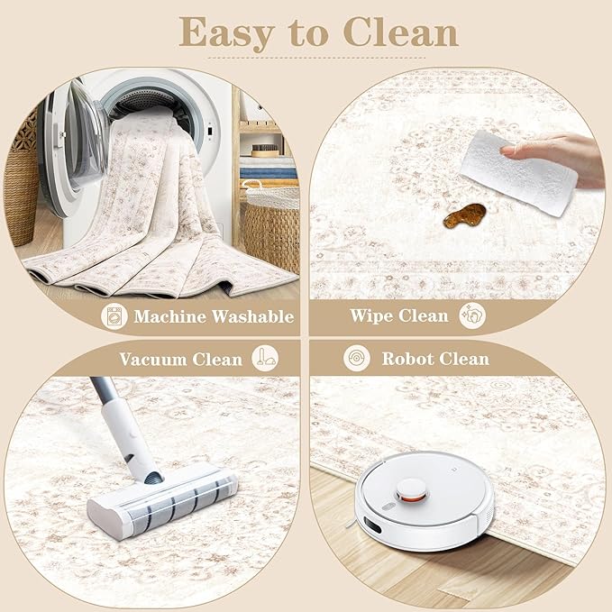 2x3 Area Rugs for Entryway: Washable Vintage Rug Indoor Soft Non-Slip Distressed Doormat for Bedroom Bathroom Kitchen Home Office (Beige, 2'x3')