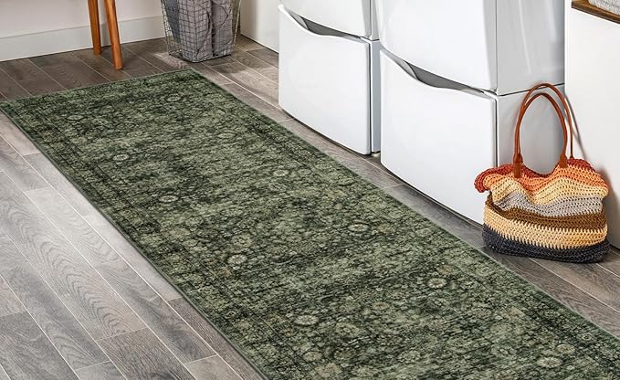 Morebes Washable Dark Green Runner Rug 2x8, Vintage Boho Runners for Hallways Non Slip, Soft Floral Indoor Floor Throw Carpet for Kitchen Laundry Room Bedroom Bathroom Living Entryway