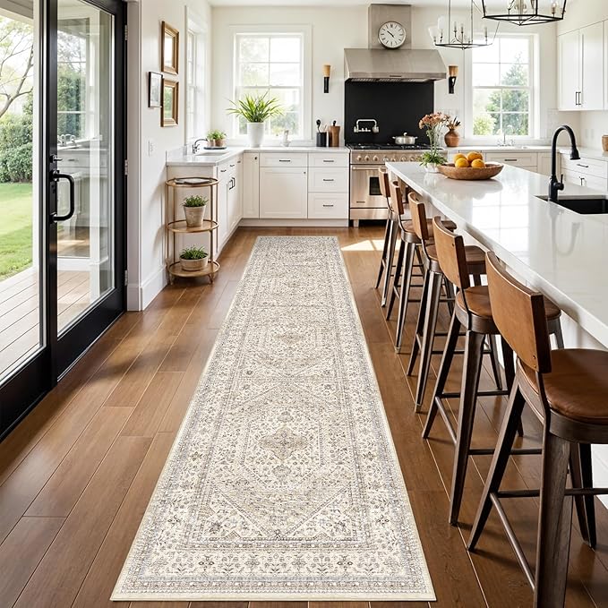 3x12 Runner Rug for Hallway Washable: Non Slip Kitchen Rugs with Rubber Backing Soft Waterproof Mats Stain Resistant Indoor Vintage Carpet Runner for Bedroom Bathroom Laundry Entryway Beige/Gray