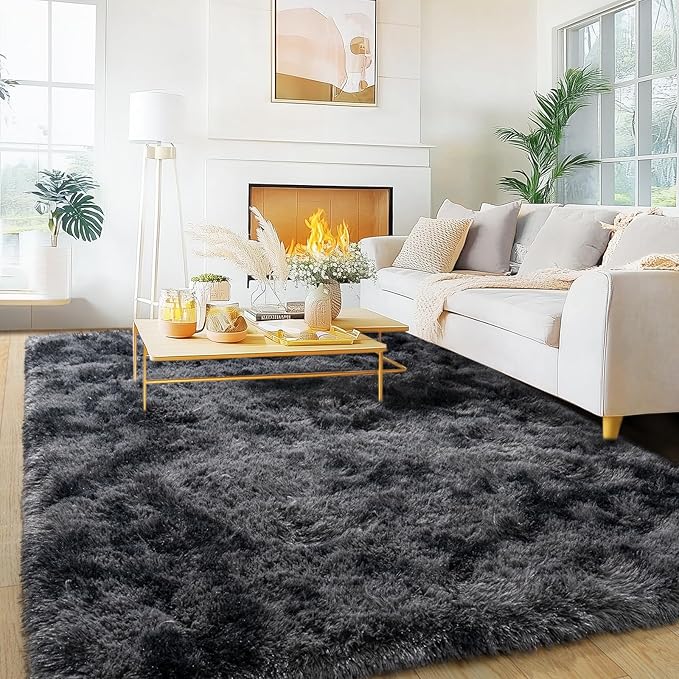 Large Area Rugs for Living Room, 6x9 Feet Tie-Dyed Black Grey Shaggy Fluffy Throw Carpets, Ultra Soft Plush Modern Indoor Fuzzy Rugs for Bedroom Kids Room Nursery Dorm Home Decor